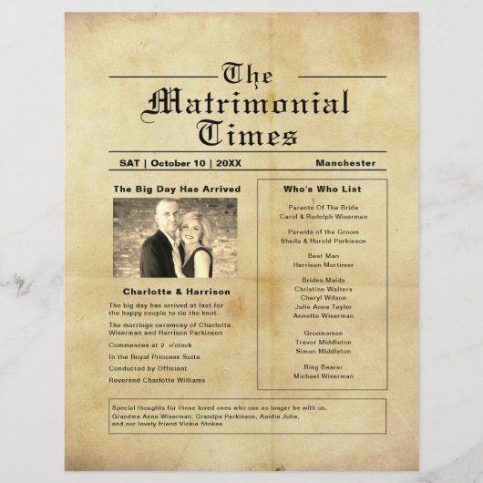 Vintages Hochzeitsprogramm für Zeitungen (Vorderseite)
