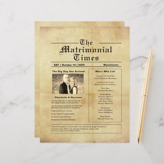 Vintages Hochzeitsprogramm für Zeitungen (Vorderseite/Rückseite Beispiel)
