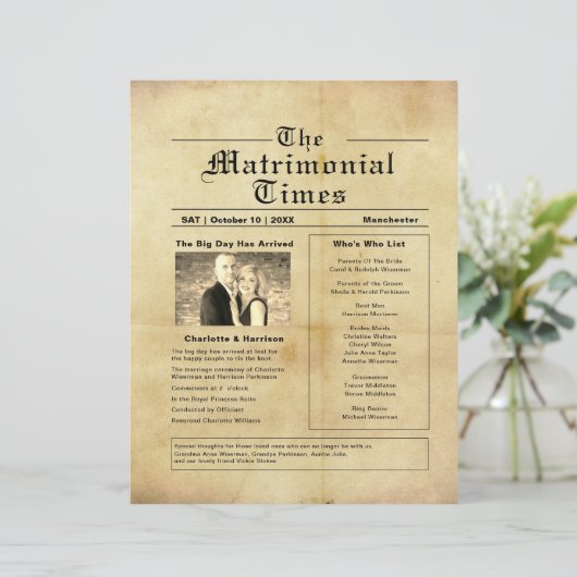 Vintages Hochzeitsprogramm für Zeitungen (Stehend Vorderseite)