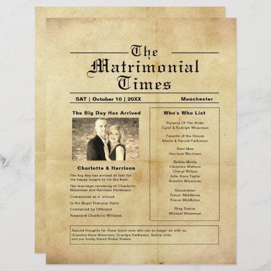 Vintages Hochzeitsprogramm für Zeitungen (Vorne/Hinten)