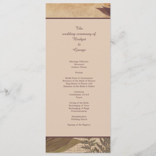 Vintages Hochzeitsprogramm im Grünen Programm (Rückseite)