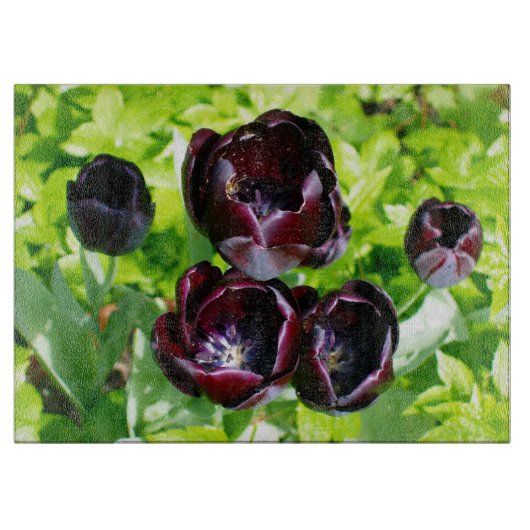 Vintages holländisches Lila Green Black Tulips Fot Schneidebrett (Vorderseite)