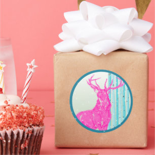 Vintages Hot Pink Deer Aqua Birch Tree Snowflake Runder Aufkleber