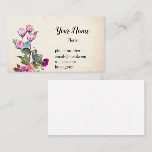 Vintages illustriertes Blumenrosa Visitenkarte (Vorne/Hinten)