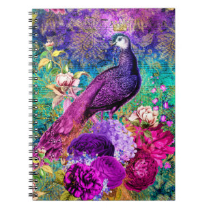 Vintages Illustriertes Peacock Grunge-Muster Notizblock