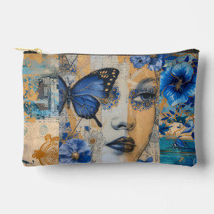 Vintages Indigo Blue Floral Abstrakt Collage Zubehörtasche