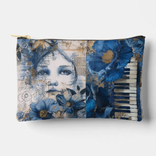 Vintages Indigo Blue Floral Abstrakt Collage Zubehörtasche