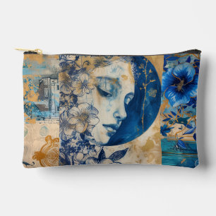 Vintages Indigo Blue Floral Abstrakt Collage Zubehörtasche