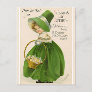Vintages irisches Mädchen in Grünhut und Puffsack Postkarte