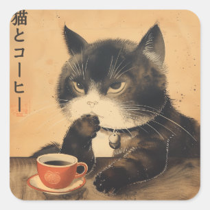 Vintages Japan Kunst niedliche Katze mit einer Tas Quadratischer Aufkleber