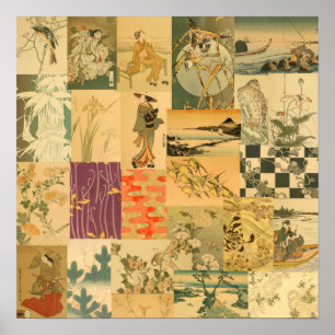 Vintages japanisches Kunstkollagenmuster Poster