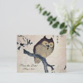 Vintages japanisches Owl Save the Date Ankündigungspostkarte (Stehend Vorderseite)
