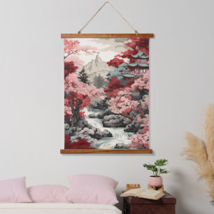 Vintages japanisches Sakura Wood Topped Wall Tapes Wandteppich Mit Holzrahmen