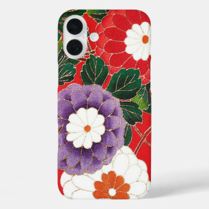 Vintages japanisches Textil - Red Dahlias iPhone 16 Plus Hülle
