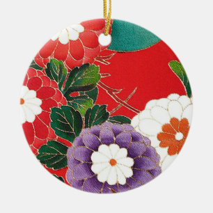 Vintages japanisches Textil - Red Dahlias Keramikornament