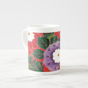 Vintages japanisches Textil - Red Dahlias Porzellantasse