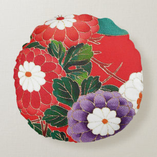 Vintages japanisches Textil - Red Dahlias Rundes Kissen