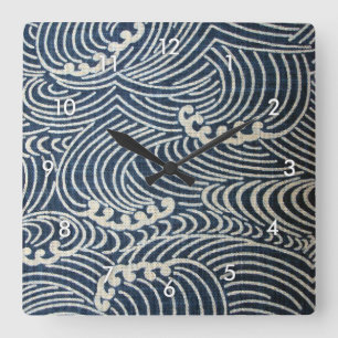 Vintages japanisches Textil, Wellenmuster Quadratische Wanduhr