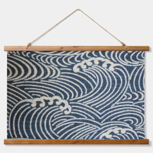 Vintages japanisches Textil, Wellenmuster Wandteppich Mit Holzrahmen
