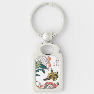 Vintages japanisches zeichn, Peonies und Sparrow Schlüsselanhänger