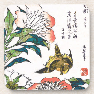 Vintages japanisches zeichn, Peonies und Sparrow Untersetzer