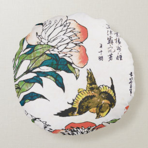 Vintages japanisches Zeichnen, Pfingstrosen und Rundes Kissen