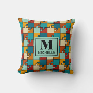 Vintages Jigsaw Puzzlepieces Muster Monogramm Kissen
