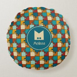 Vintages Jigsaw Puzzlepieces Muster Monogramm Rundes Kissen