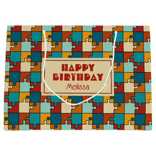 Vintages Jigsaw Puzzlestücke Muster Geburtstag Große Geschenktüte (Vorderseite)