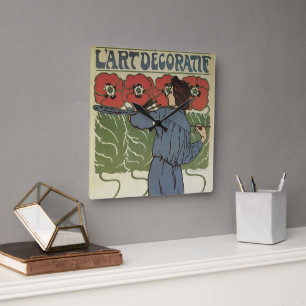 Vintages Jugendstil, Blume zum Malen von Mohn Quadratische Wanduhr