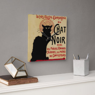 Vintages Jugendstil, Ce Soir Chat Noir Black Cat Quadratische Wanduhr