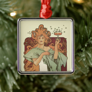 Vintages Jugendstil, Champagner von Alphonse Mucha Silbernes Ornament