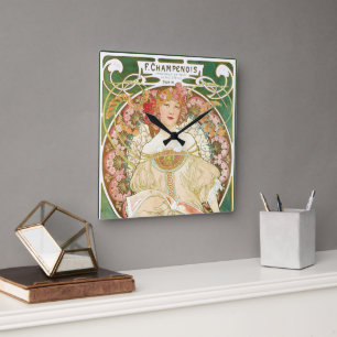 Vintages Jugendstil, Champenois von Alphonse Mucha Quadratische Wanduhr