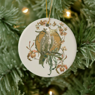 Vintages Jugendstil, Cockatoo Bird, Orchideen Blum Keramik Ornament