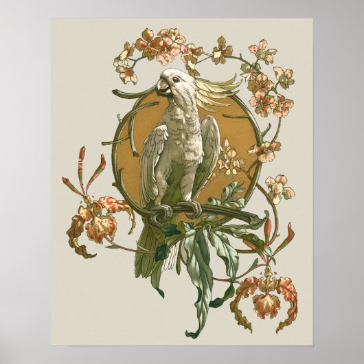 Vintages Jugendstil, Cockatoo Bird, Orchideen Blum Poster (Vorne)