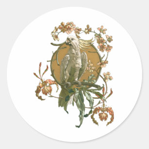 Vintages Jugendstil, Cockatoo Bird, Orchideen Blum Runder Aufkleber