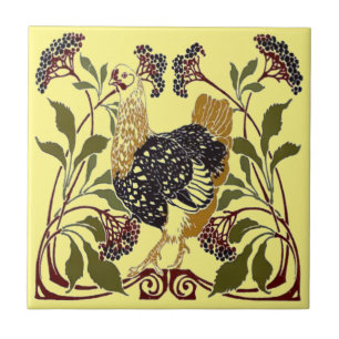 Vintages Jugendstil-Huhn & Blume Keramik Fliese
