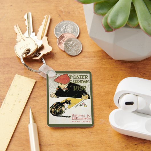 Vintages Jugendstil, Kunstmalerei mit Hauskatze Schlüsselanhänger (Schreibtisch)