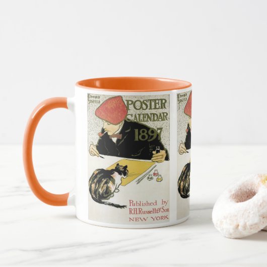 Vintages Jugendstil, Kunstmalerei mit Hauskatze Tasse (Mit Donut)