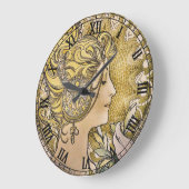 Vintages Jugendstil "La Plume" von Mucha Große Wanduhr (Winkel)