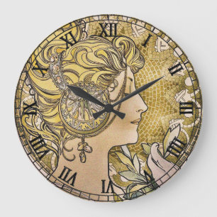 Vintages Jugendstil "La Plume" von Mucha Große Wanduhr
