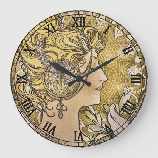 Vintages Jugendstil "La Plume" von Mucha Große Wanduhr (Vorderseite)
