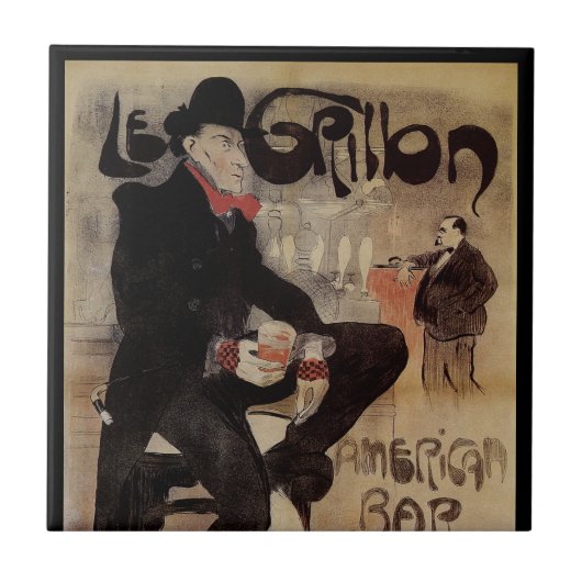 Vintages Jugendstil Le Grillon, Man Drinks Biere Fliese (Vorderseite)