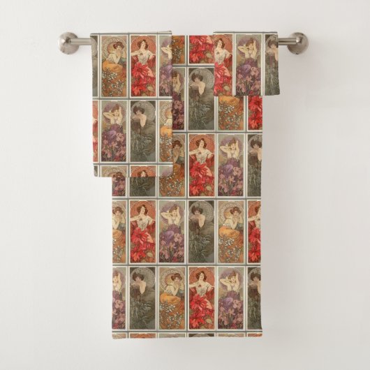 Vintages Jugendstil Mucha Wertvolles Steinmuster Badhandtuch Set (Insitu)
