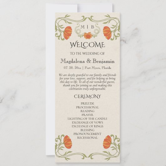 Vintages Jugendstil-Orange-Hochzeitsprogramm (Vorderseite)