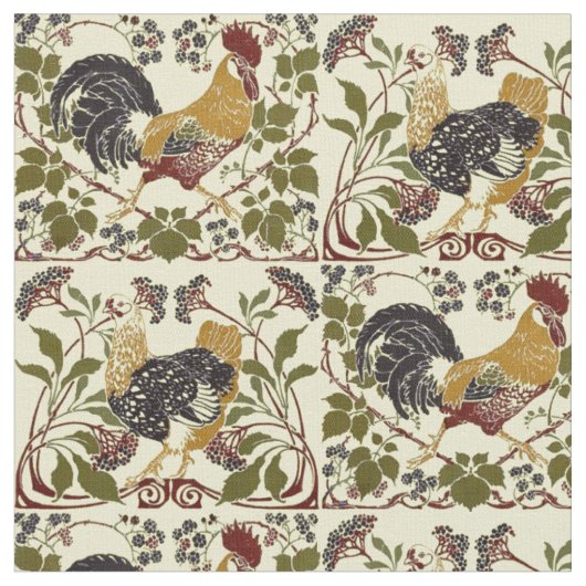 Vintages Jugendstil-Rooster & Hen Chickens-Muster Stoff (Nahaufnahme)
