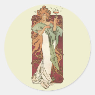 Vintages Jugendstil von Mucha, Champagner-Party Runder Aufkleber