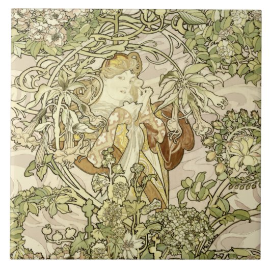 Vintages Jugendstil-Woman Blumenmuster von Mucha Fliese (Vorderseite)