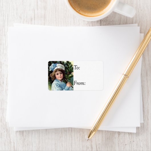 Vintages junges Mädchen mit Weihnachtsbaumgeschenk Adressaufkleber (Insitu)