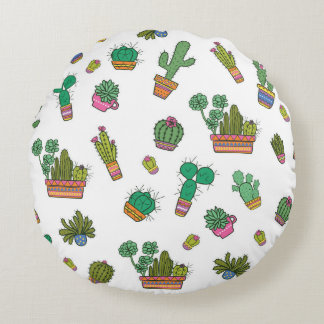 Vintages Kakteen: Nahtloses Musterdesign. Rundes Kissen